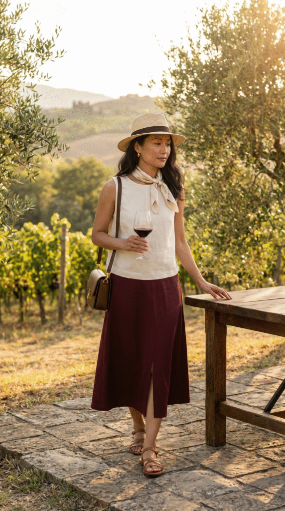 outfits-for-italy-summer-tuscany-wine-tasting-linen-blouse-burgundy-midi-skirt