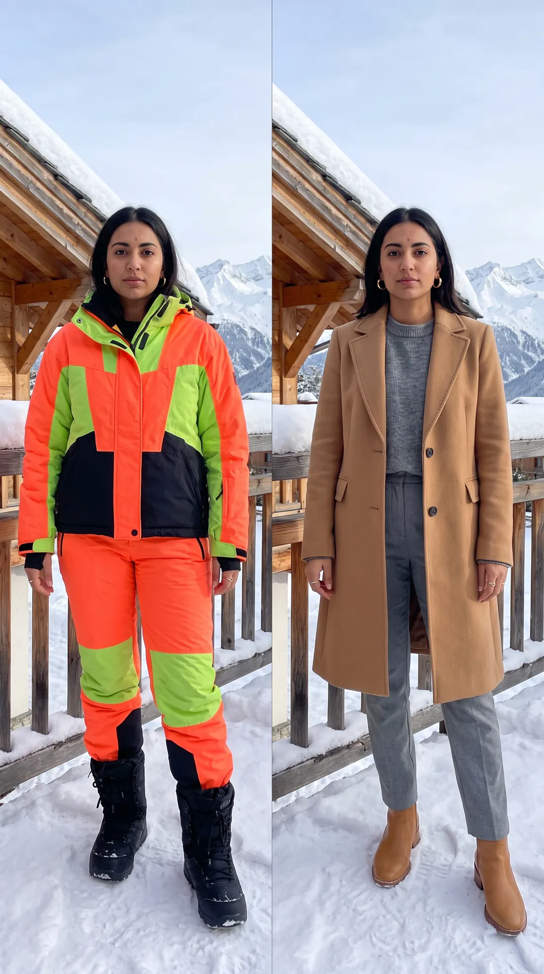 Neon ski suit versus a camel wool coat with grey knit and trousers: alpine chic outfit in the snow