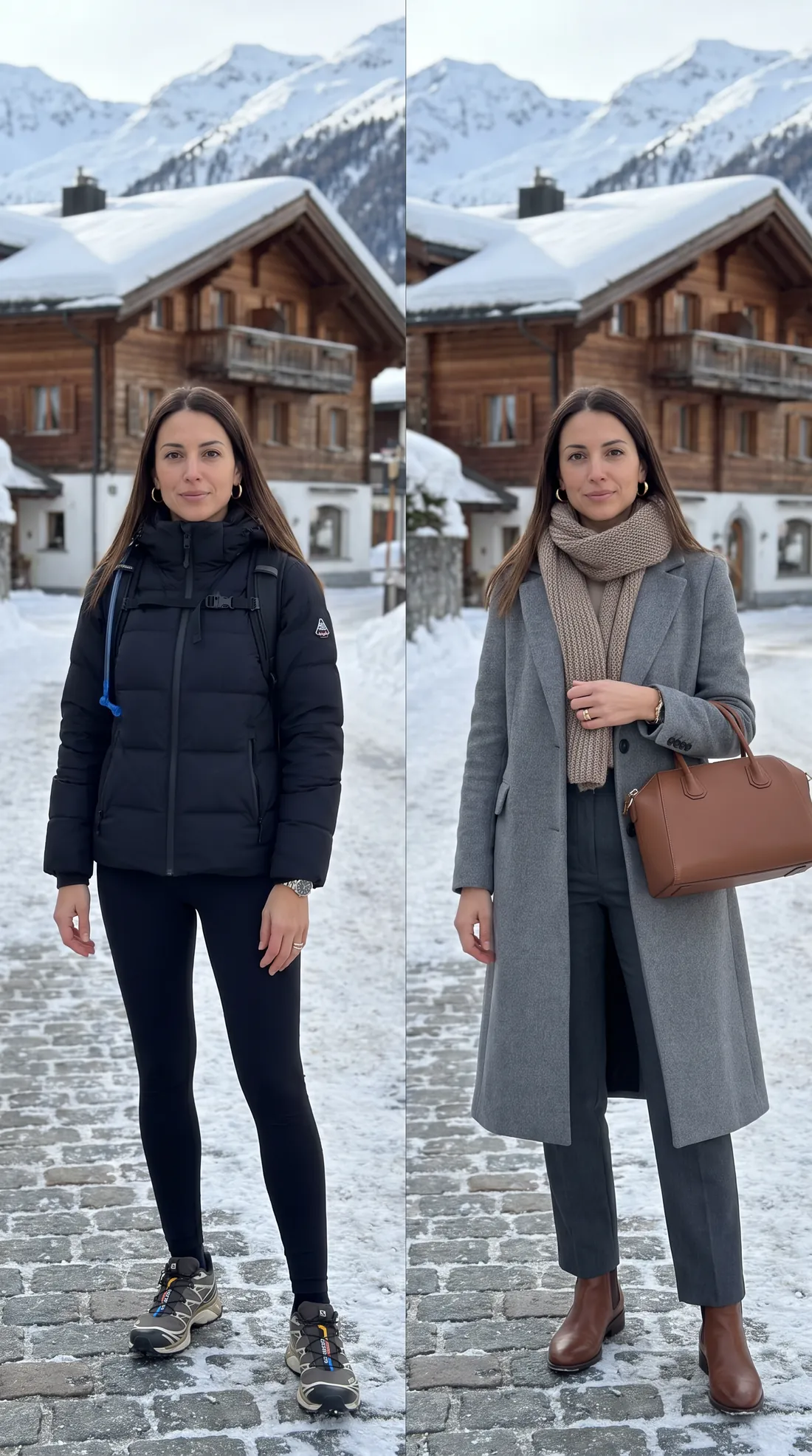 Black ski puffer with leggings versus a long grey wool coat and leather bag: alpine chic in a Swiss village
