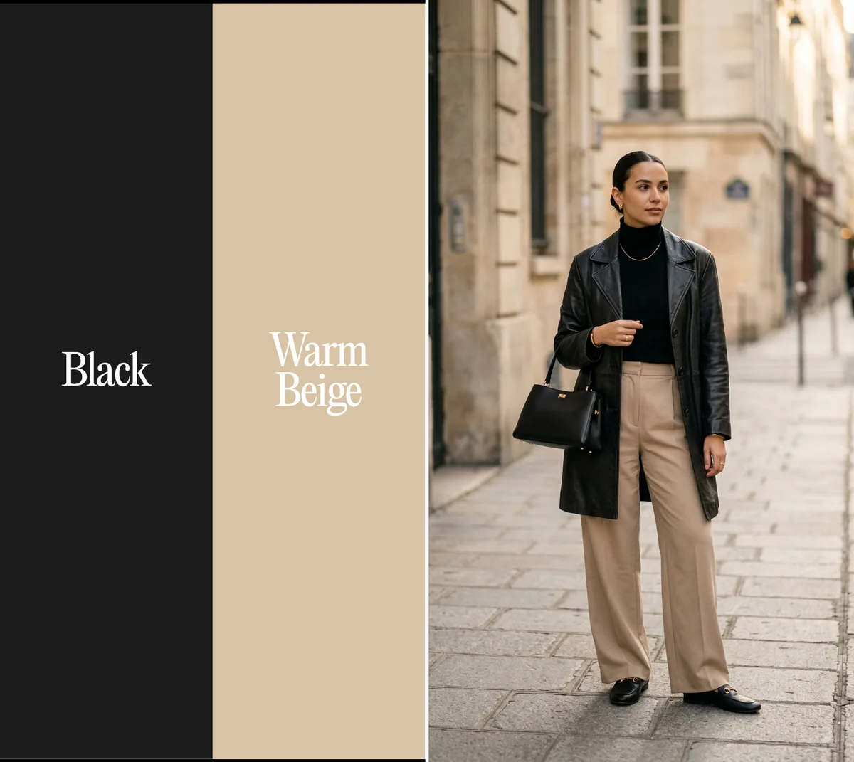 Black and warm beige color combination: black leather coat, black turtleneck and beige wide-leg trousers in Paris