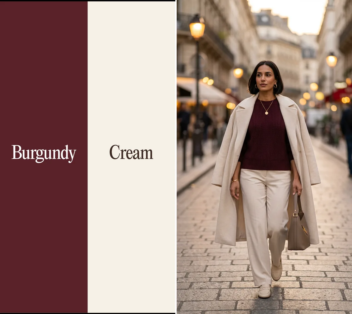 Burgundy and cream color combination: burgundy sweater, cream wide-leg trousers and a cream coat on a Paris street