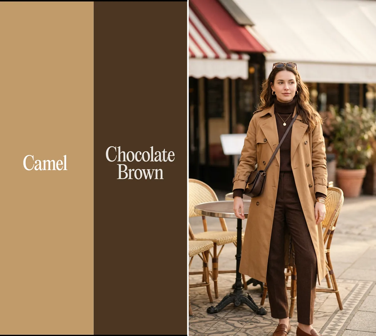 Autumn color palette for Paris: camel and chocolate brown with a camel trench and chocolate turtleneck on a café terrace