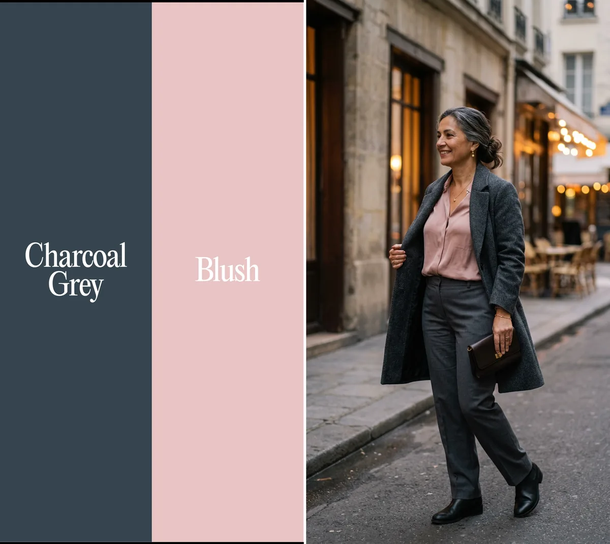 Charcoal grey and blush color combination: charcoal wool coat, blush silk blouse and trousers in Saint-Germain