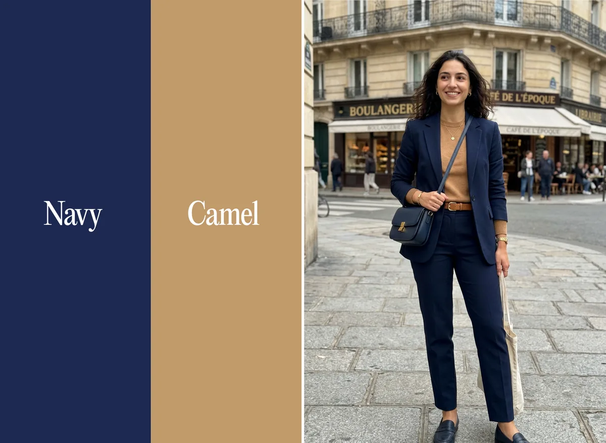 Navy and camel color combination: navy blazer, camel knit top and navy trousers near a Paris boulangerie