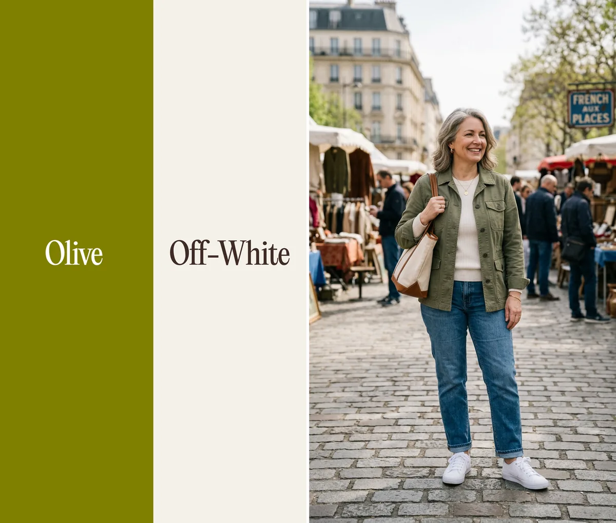Olive and off-white color combination: olive utility jacket, off-white sweater and jeans at a Paris flea market