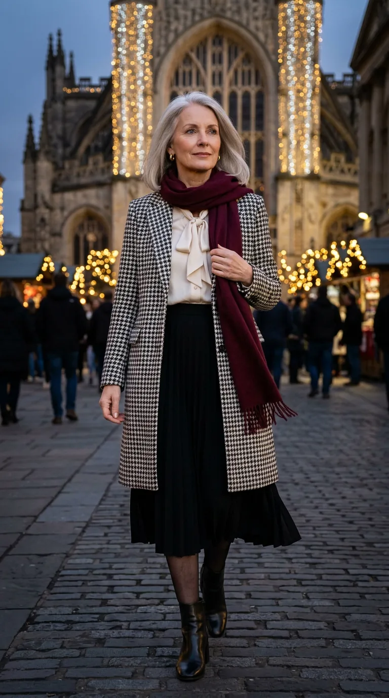 Christmas Markets in Europe: What to Wear (6 Elegant Outfit Ideas) Houndstooth wool coat over a cream silk bow blouse and black pleated midi skirt with a burgundy scarf near Bath Abbey