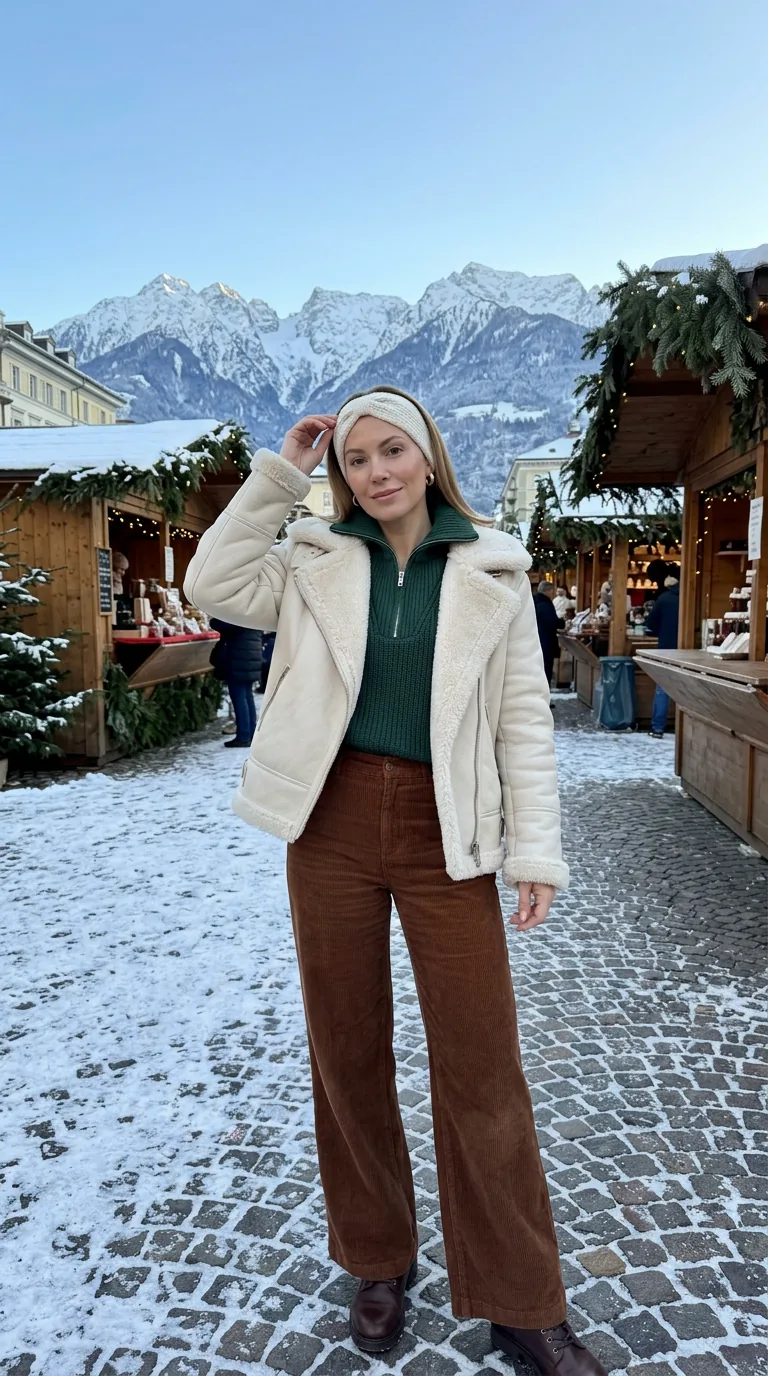 Christmas Markets in Europe: What to Wear (6 Elegant Outfit Ideas) Ivory shearling jacket with forest green half-zip knit and chestnut corduroy trousers at a Christmas market with snowy mountains