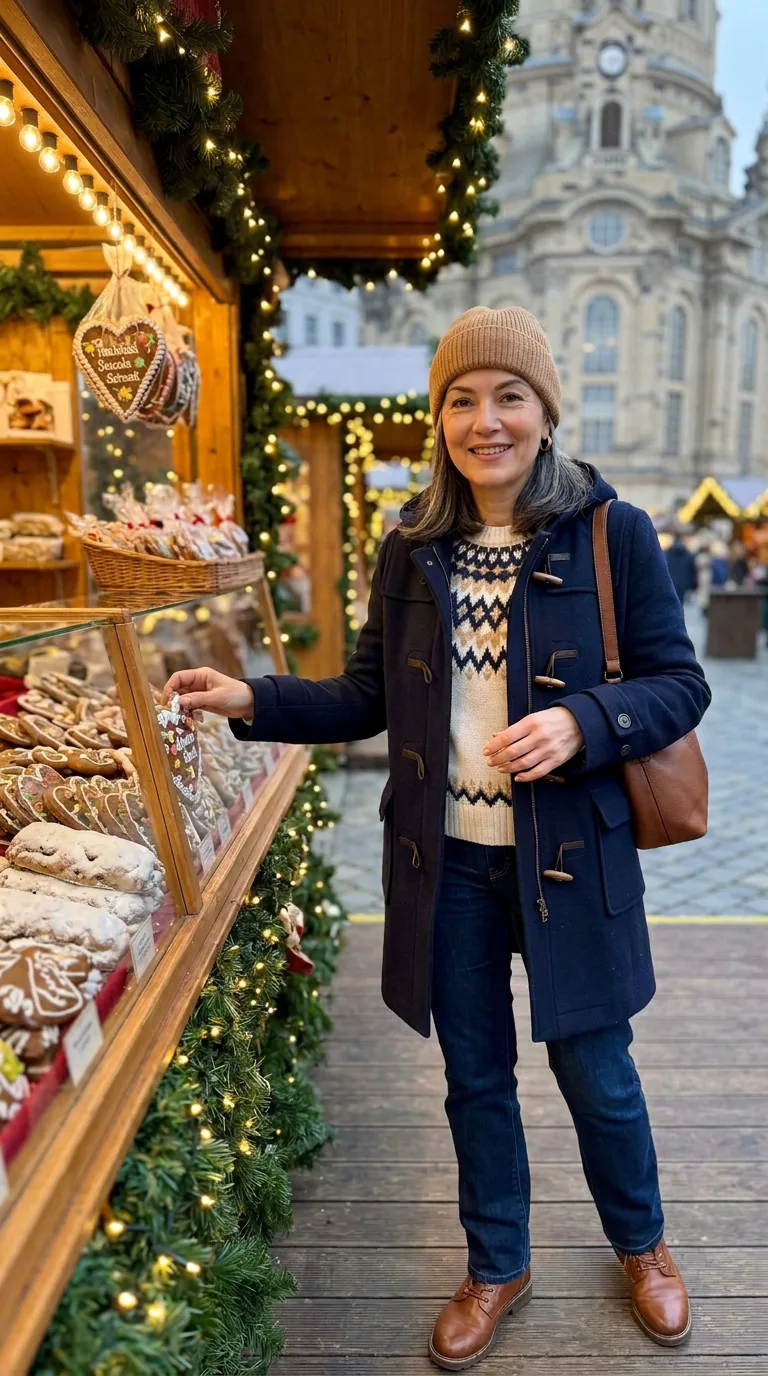 Christmas Markets in Europe: What to Wear (6 Elegant Outfit Ideas) Navy duffle coat with Fair Isle sweater, dark jeans and camel beanie at a Christmas market gingerbread stall