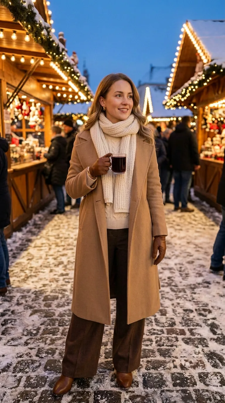 Christmas Markets in Europe: What to Wear (6 Elegant Outfit Ideas) Camel wool coat with cream cable-knit sweater and chocolate wide-leg trousers holding Glühwein at a Christmas market