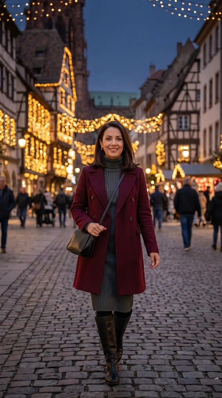 Christmas Markets in Europe: What to Wear (6 Elegant Outfit Ideas) Burgundy double-breasted coat over a grey knit sweater dress with black knee-high boots on a lit-up market street