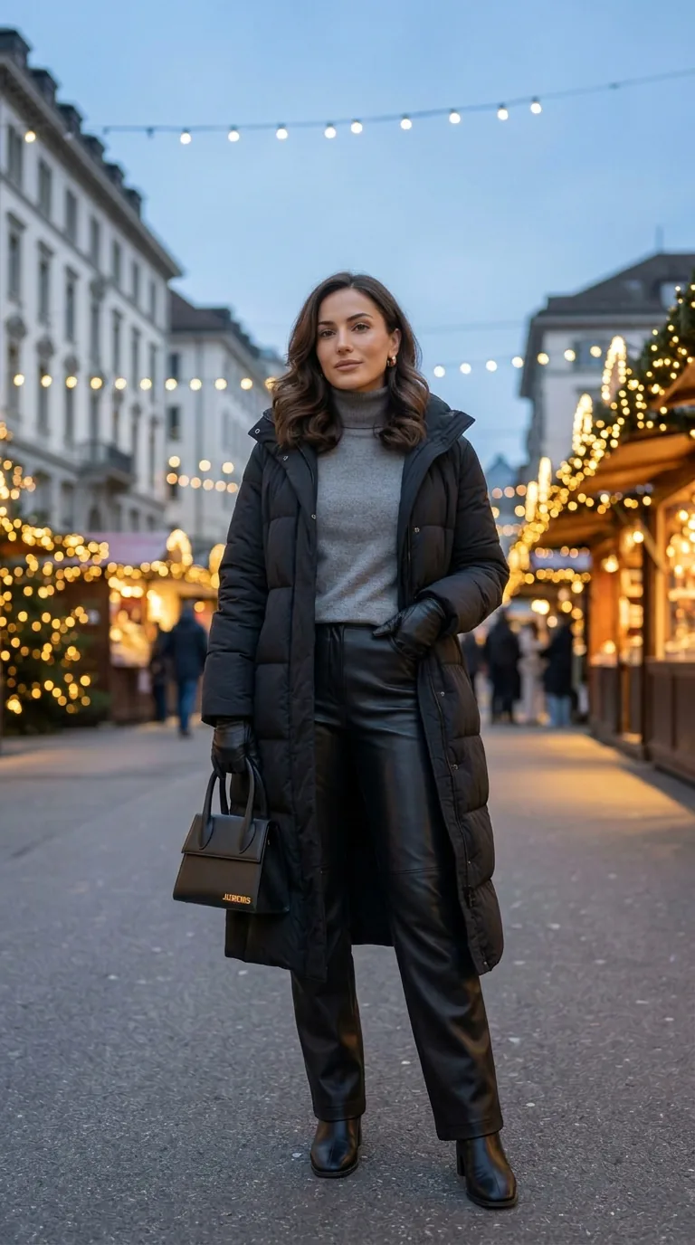 Christmas Markets in Europe: What to Wear (6 Elegant Outfit Ideas) Long black puffer coat over a grey turtleneck and black leather trousers with a structured top-handle bag at a Christmas market