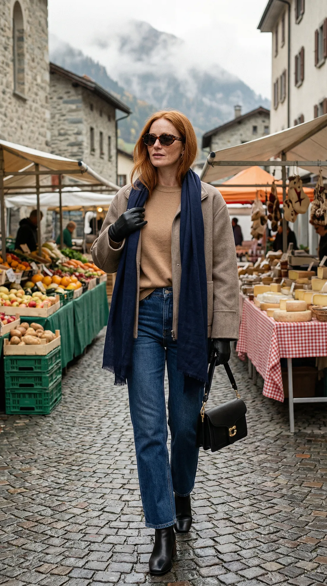 Taupe wool jacket, camel sweater, navy scarf and leather gloves at a Swiss mountain town market