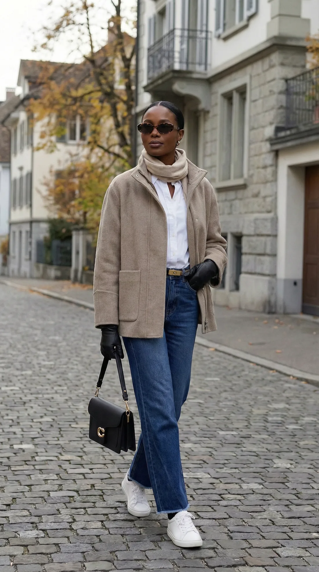Taupe jacket, white shirt and dark jeans with white sneakers on a cobblestone street in Switzerland