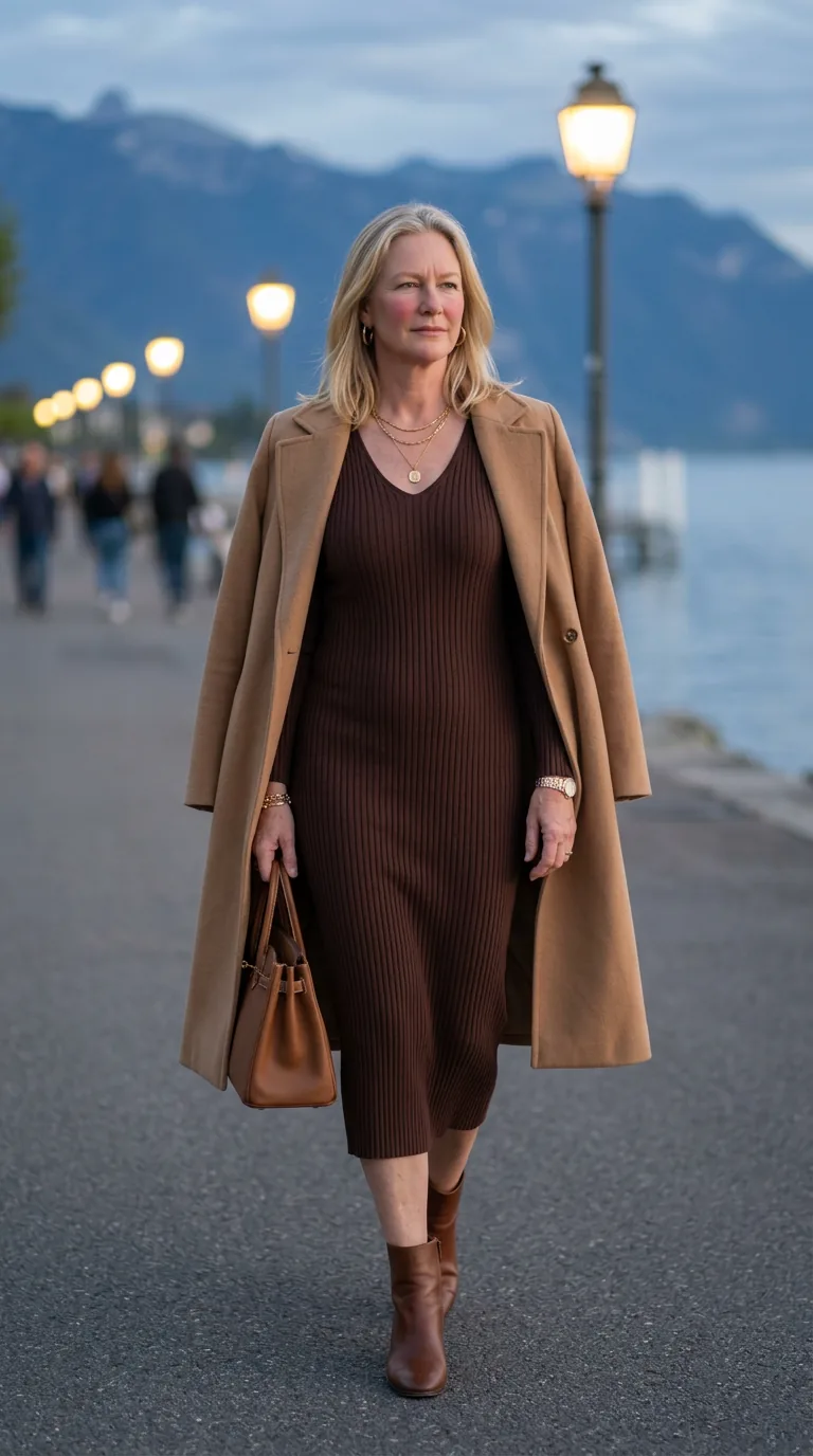 Chocolate knit midi dress with a camel wool coat draped over the shoulders by Lake Geneva at dusk