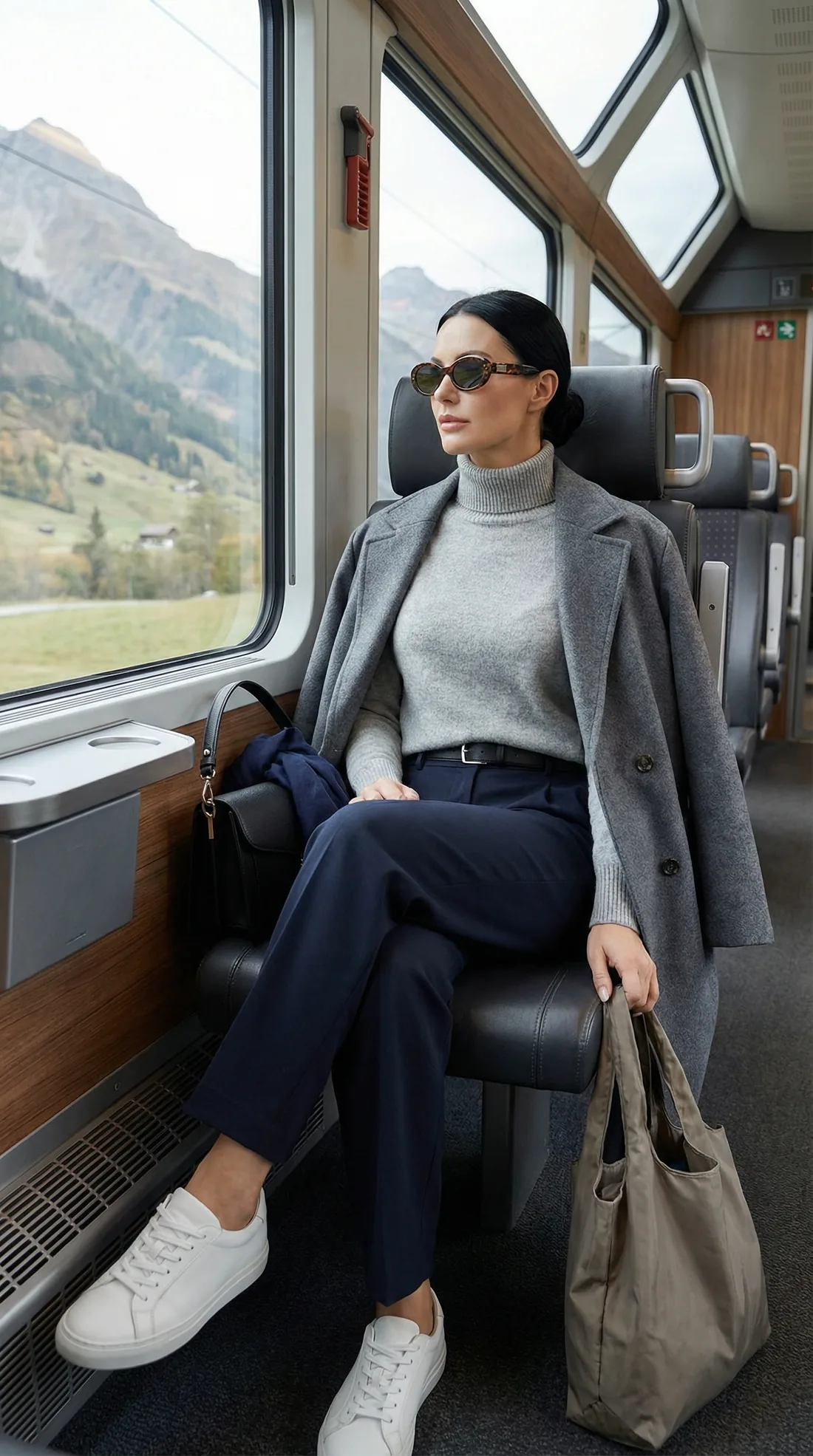 Grey wool coat, grey turtleneck and navy trousers with white sneakers on a Swiss panoramic train