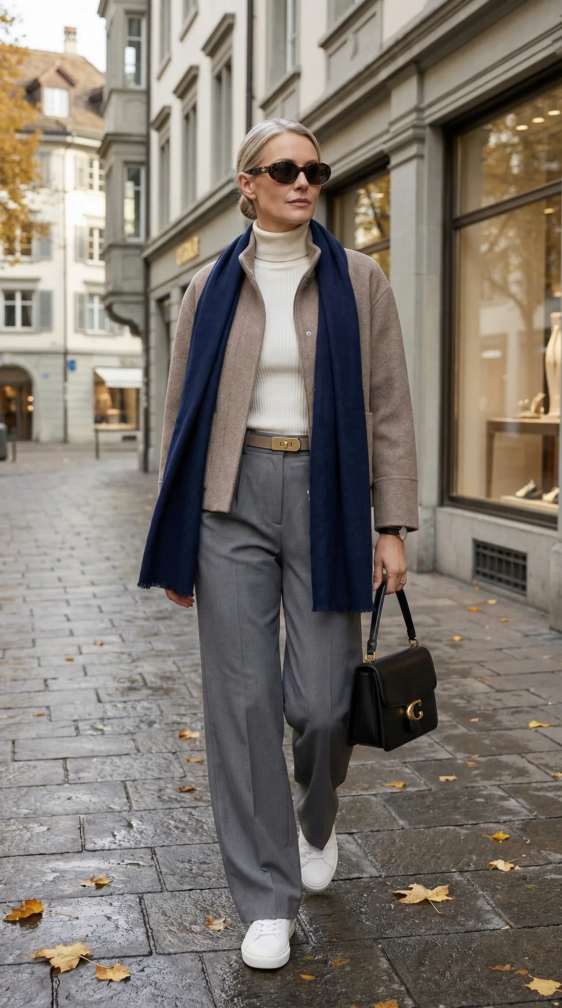 Fall outfit ideas for Switzerland: taupe jacket, cream turtleneck and grey wide-leg trousers on a Zurich street