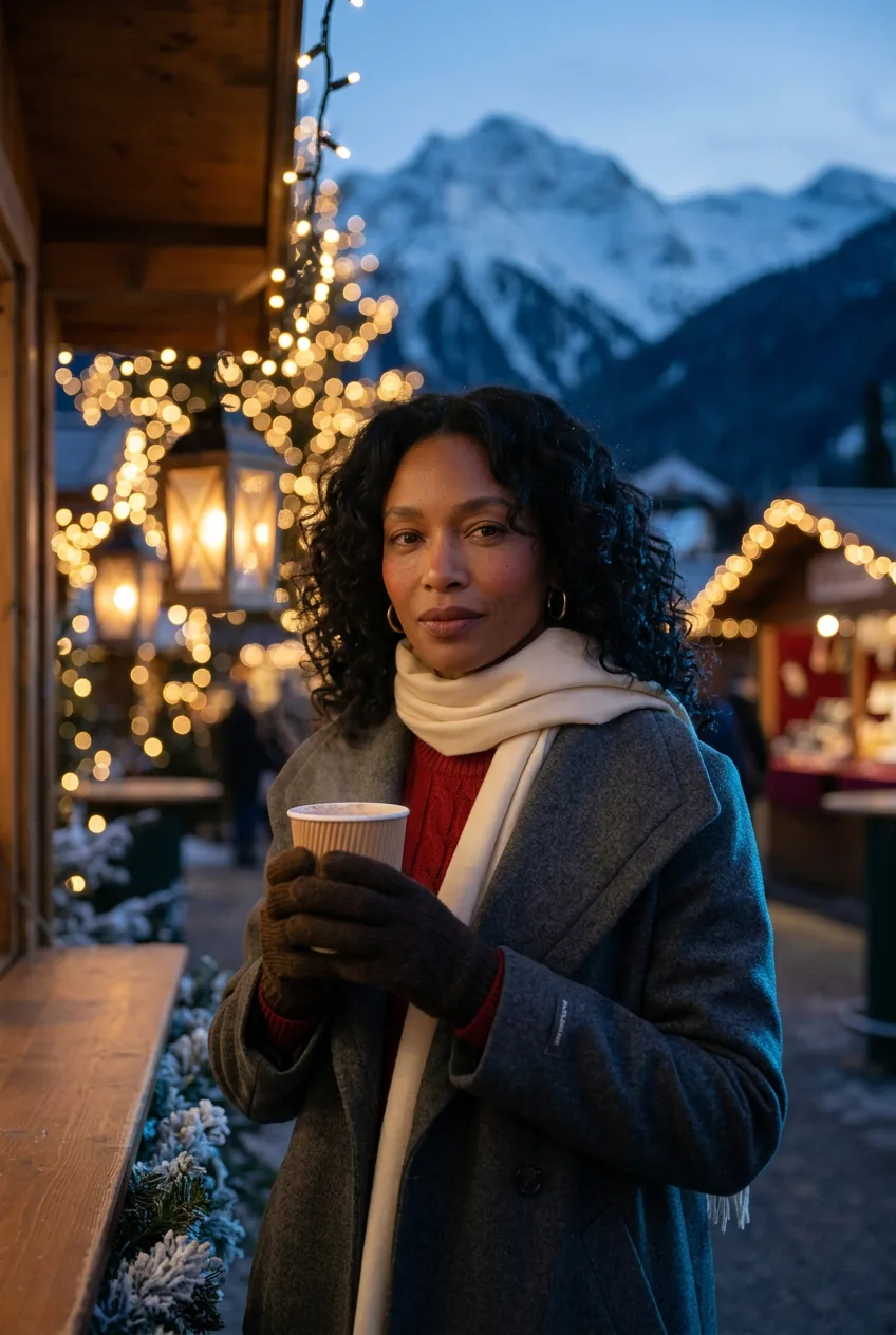 Christmas Markets in Europe: What to Wear (6 Elegant Outfit Ideas) Woman in a grey wool coat and cream scarf holding a hot drink in brown gloves at a lit Christmas market stall