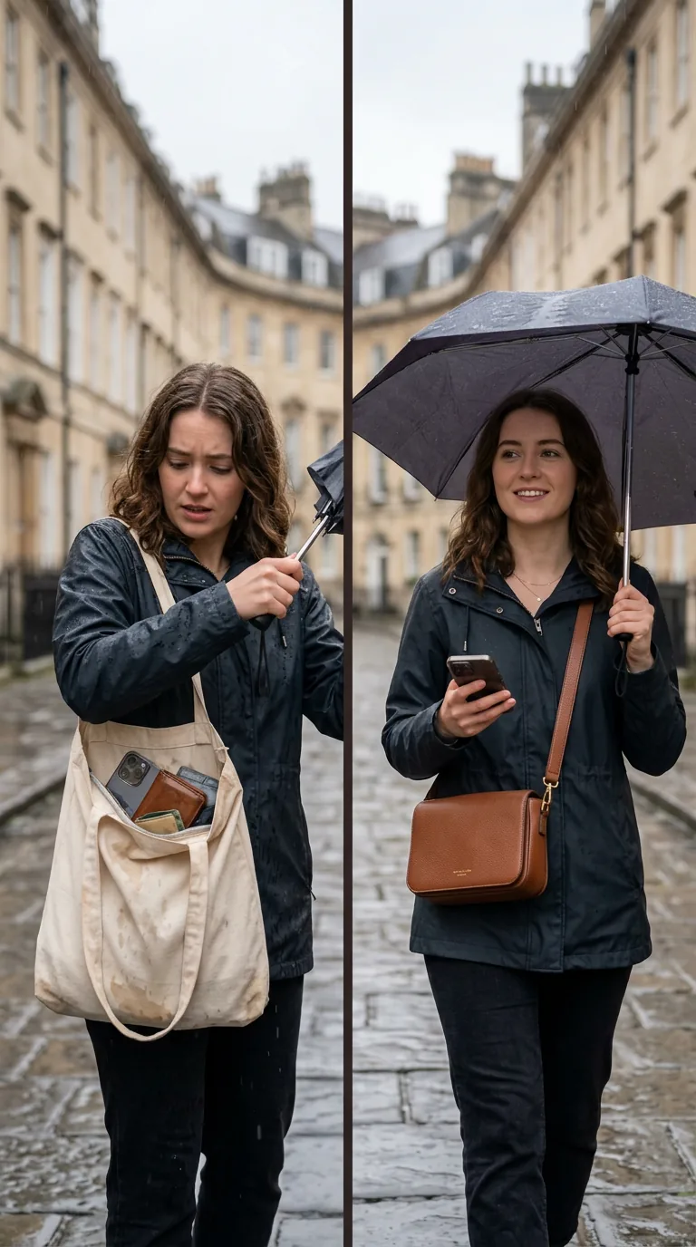 What to Wear in London When It Rains: 6 Elegant Dos and Don'ts Open canvas tote with a wet phone and wallet versus a zip-top leather crossbody worn in front on a rainy street