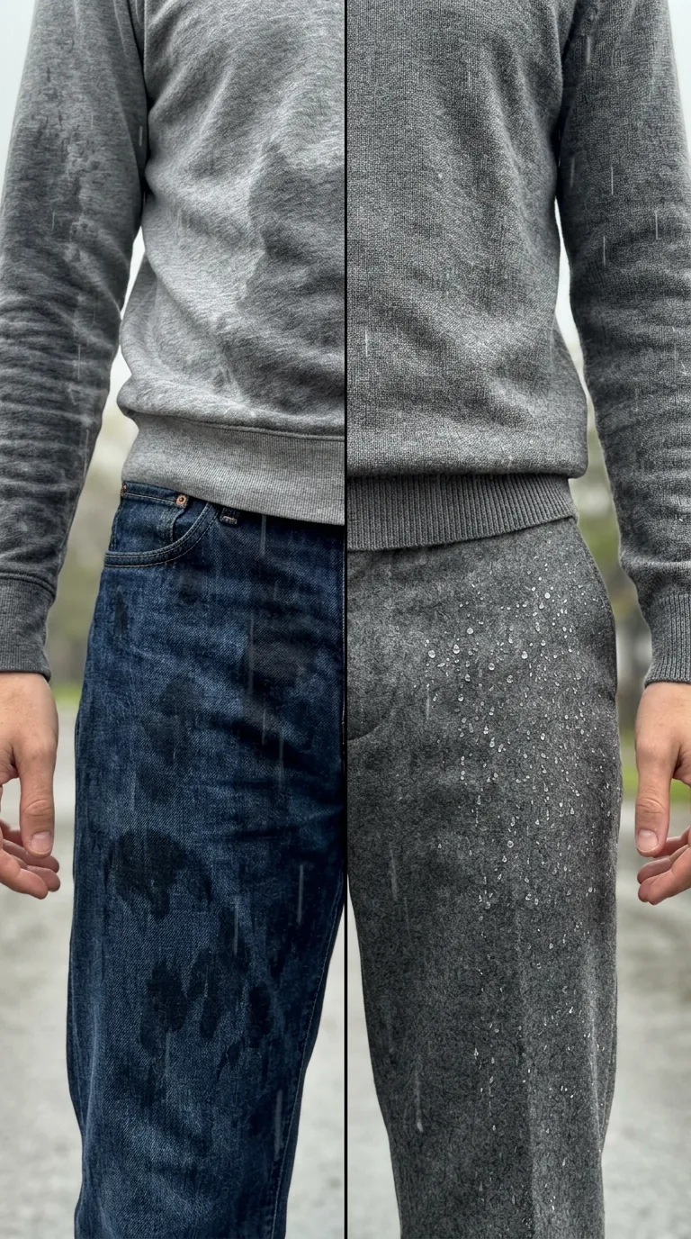 What to Wear in London When It Rains: 6 Elegant Dos and Don'ts Wet jeans and cotton sweatshirt versus a wool knit and grey wool trousers with raindrops beading on the surface