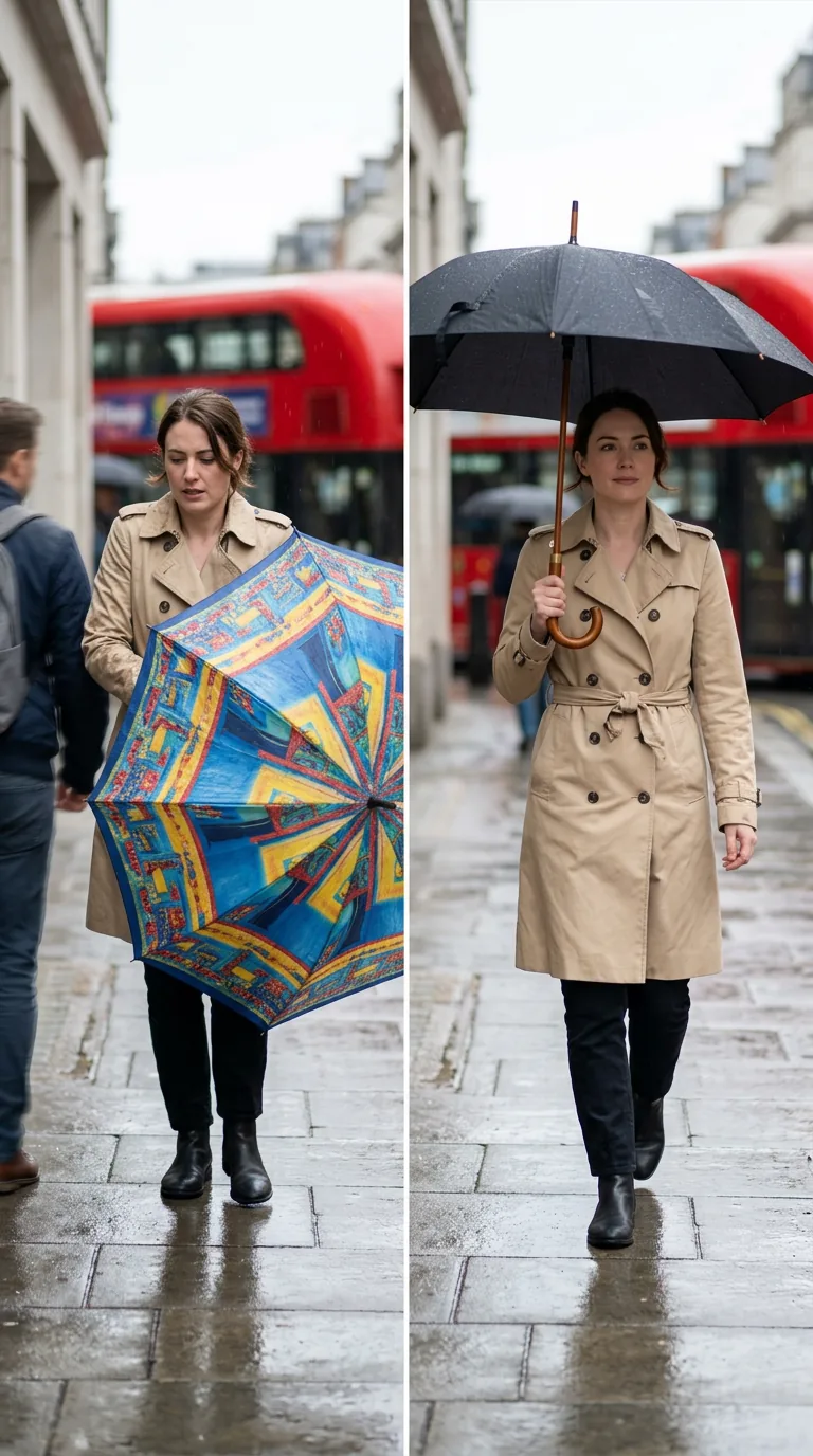 What to Wear in London When It Rains: 6 Elegant Dos and Don'ts What to wear in London when it rains: colorful golf umbrella versus a compact black umbrella and beige trench