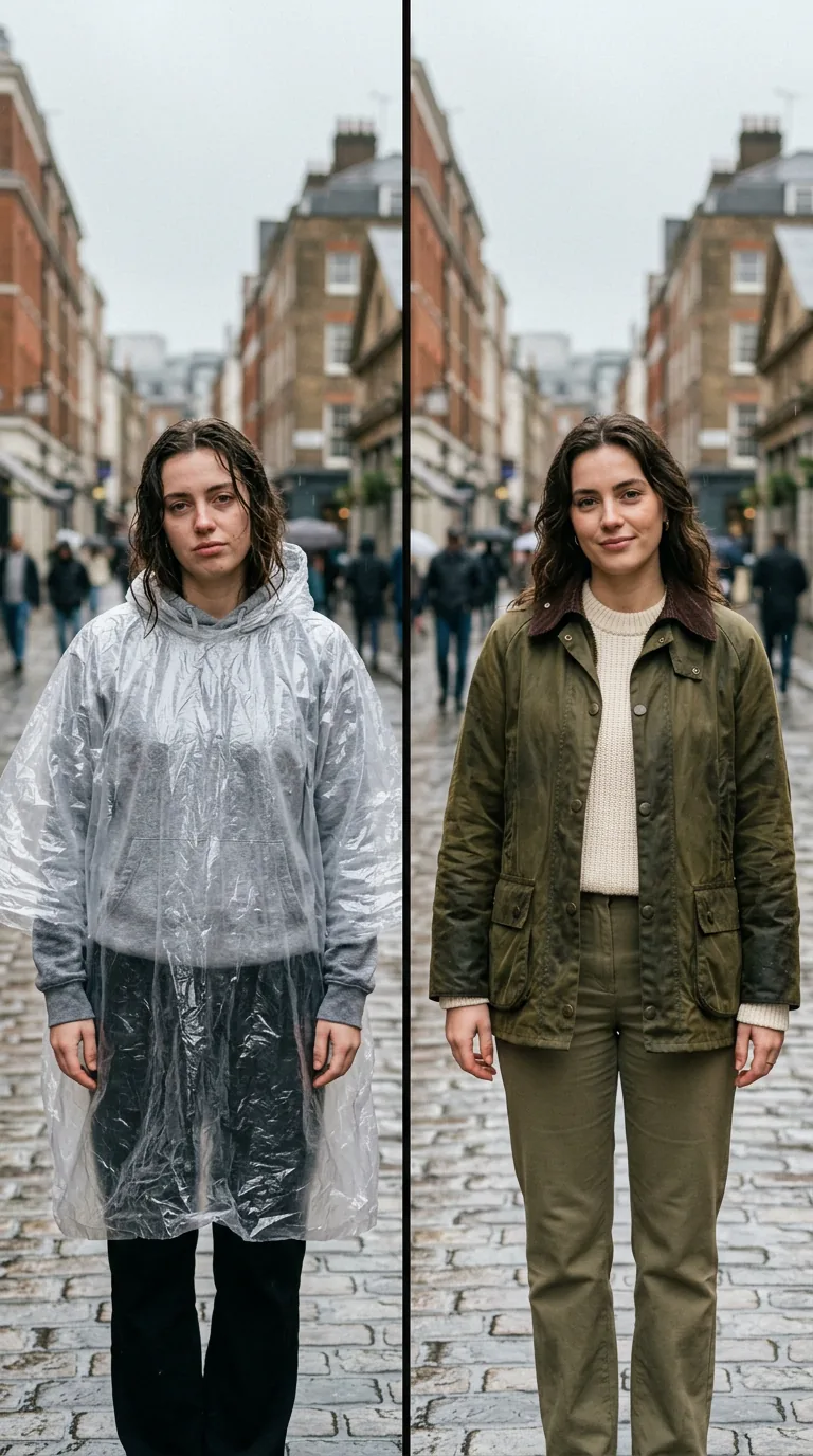 What to Wear in London When It Rains: 6 Elegant Dos and Don'ts Clear plastic poncho over a sweatshirt versus an olive waxed cotton jacket with a cream sweater on a wet London street
