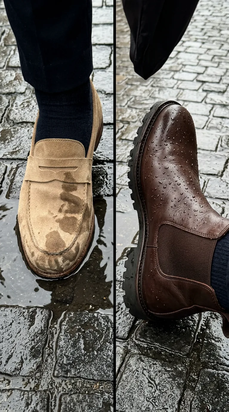 What to Wear in London When It Rains: 6 Elegant Dos and Don'ts Wet stained suede loafers versus dark brown leather Chelsea boots with rubber soles on wet cobblestones