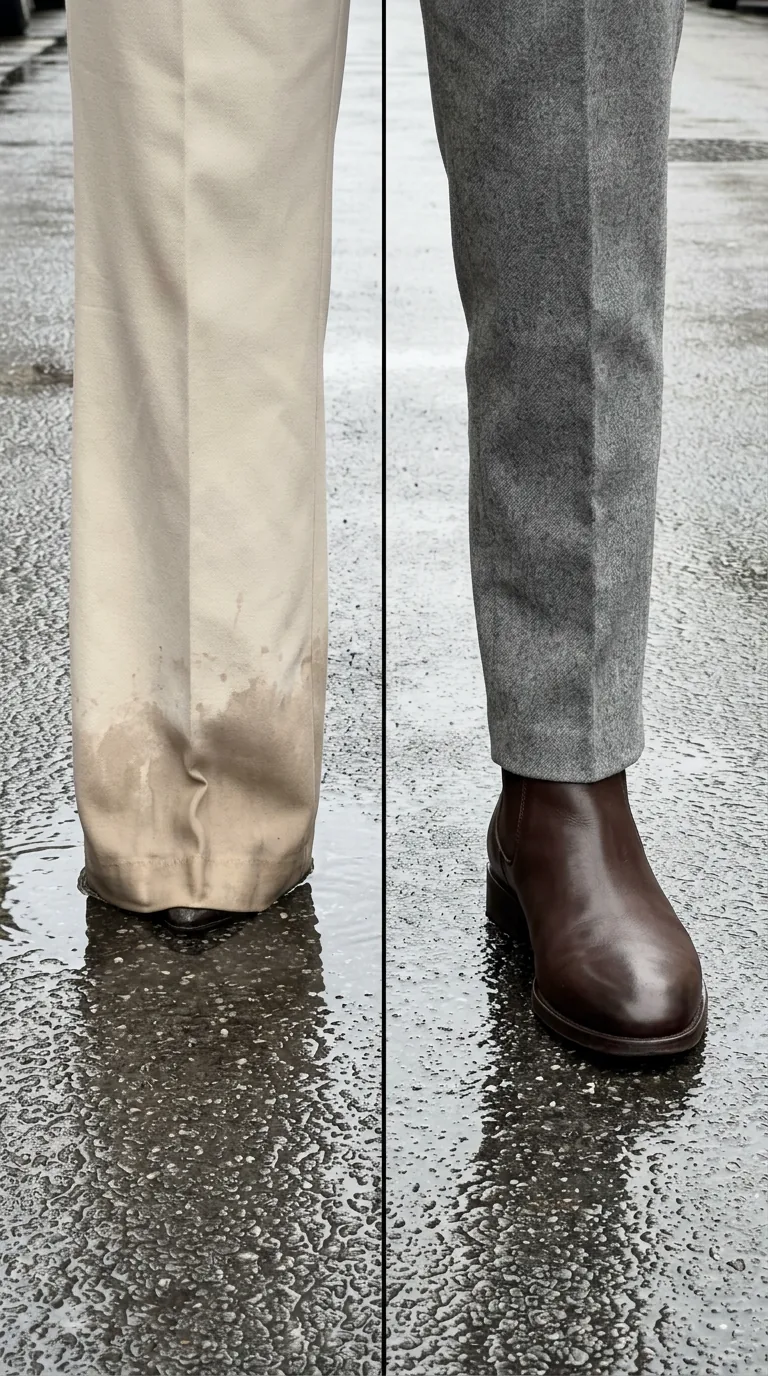 What to Wear in London When It Rains: 6 Elegant Dos and Don'ts Muddy wet hem of wide-leg trousers versus dry ankle-length grey wool trousers with a leather Chelsea boot