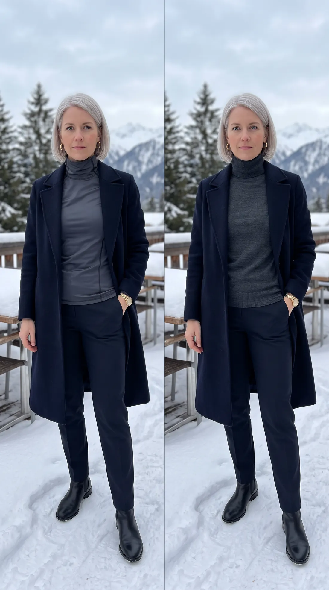 Shiny synthetic thermal layer versus a matte merino turtleneck under a navy wool coat