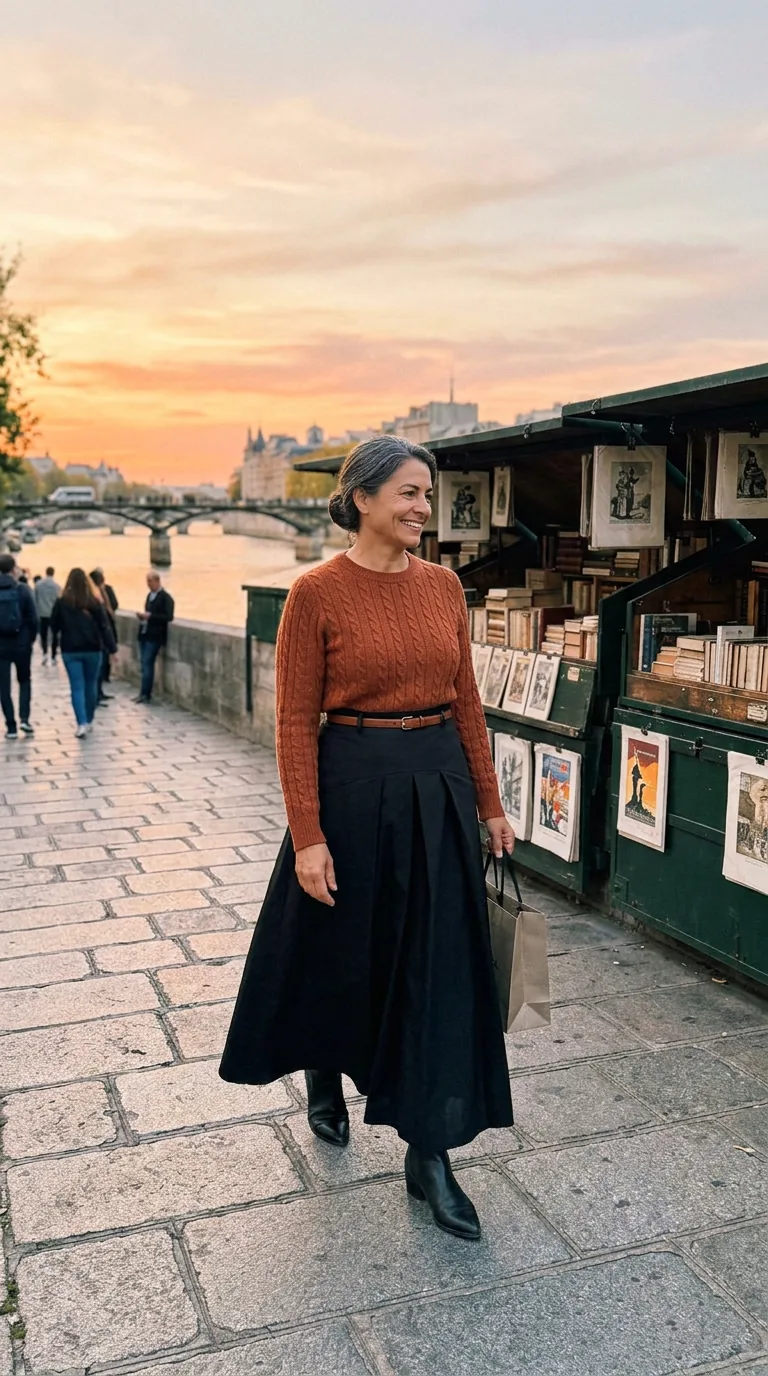 Terracotta cable-knit sweater with a black midi skirt and ankle boots by the bouquiniste stalls on the Seine