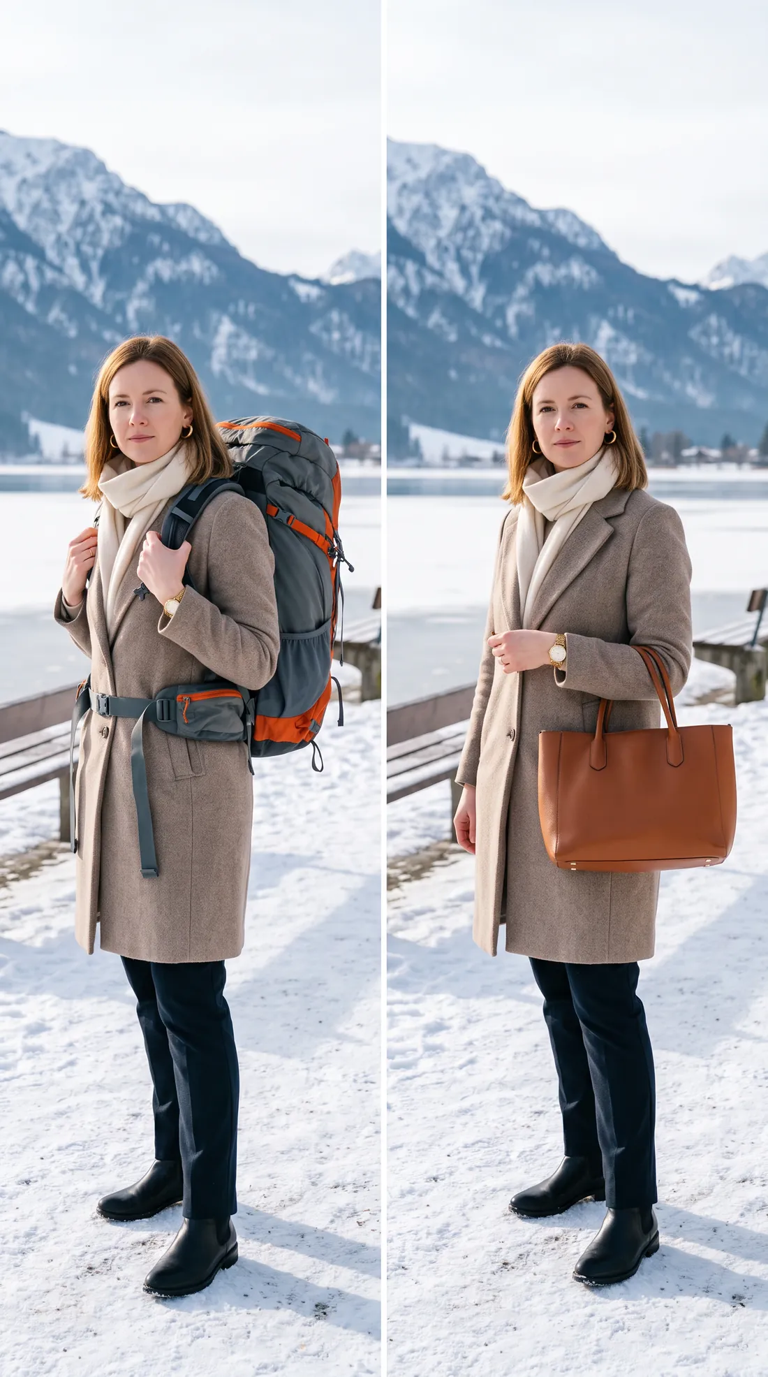 Hiking backpack versus a structured tan leather tote with a wool coat: Swiss Alps clothing swap
