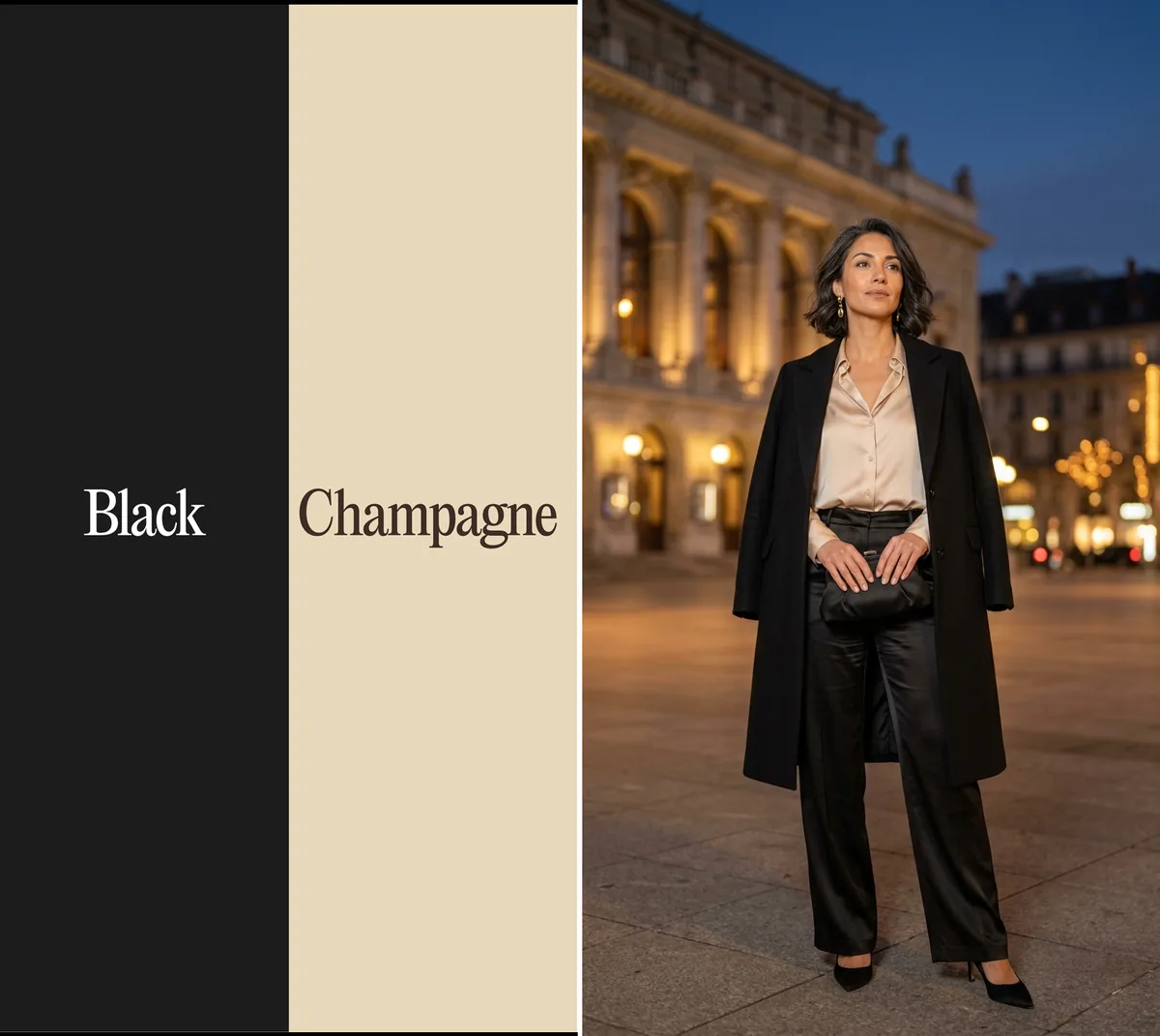 Black and champagne color combination: black wool coat and champagne silk blouse outside the Geneva opera