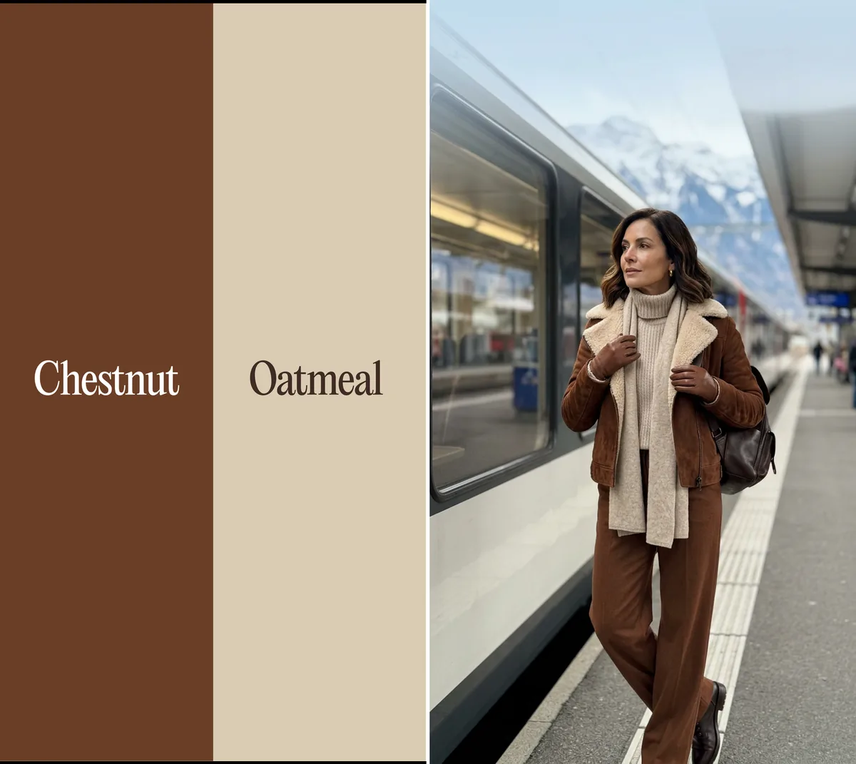 Chestnut and oatmeal color combination: chestnut suede jacket and oatmeal turtleneck at a Swiss train platform