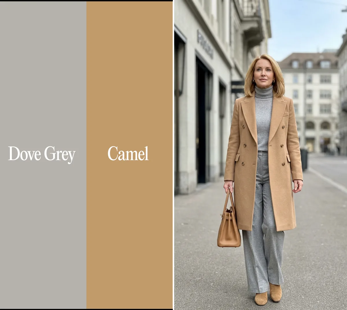 Switzerland outfits for fall: dove grey and camel color combination with a camel coat and grey turtleneck in Zurich