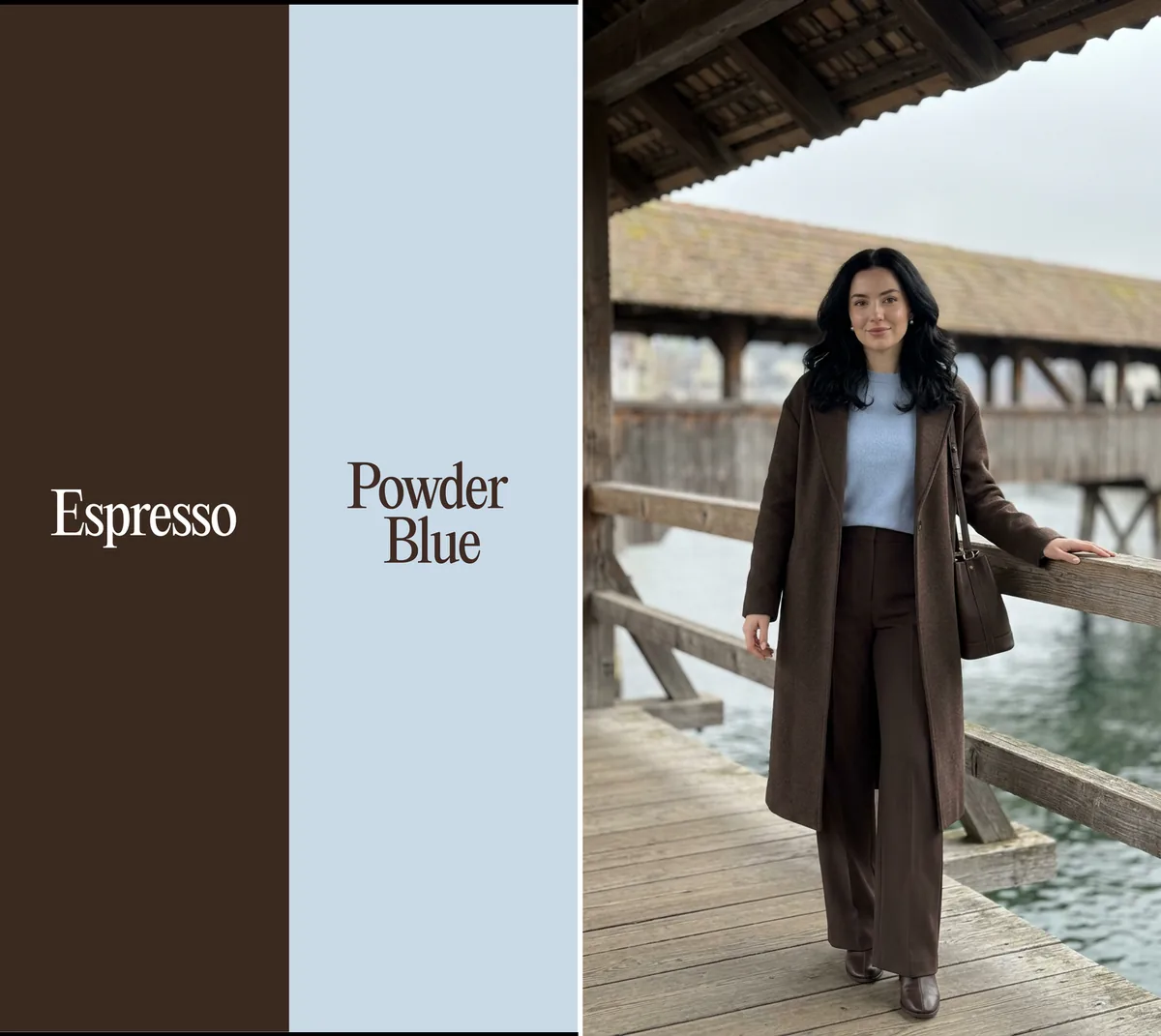 Espresso and powder blue color combination: espresso wool coat and powder blue sweater on Lucerne's Chapel Bridge