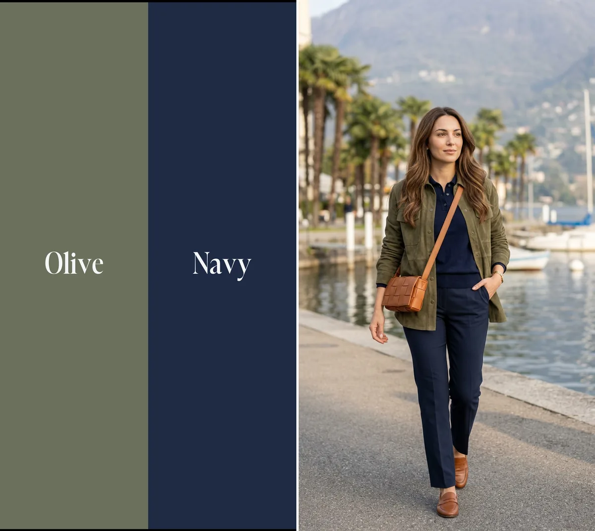Olive and navy color combination: olive suede shirt-jacket and navy trousers on the Lugano lakefront