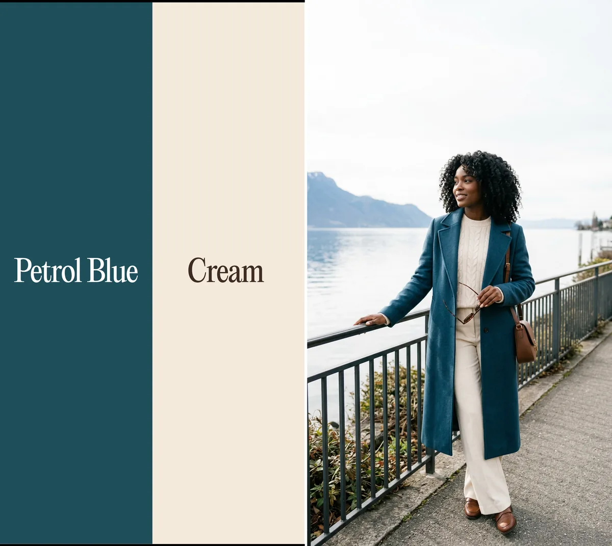 Petrol blue and cream color combination: petrol blue wool coat and cream trousers on the Montreux lakefront
