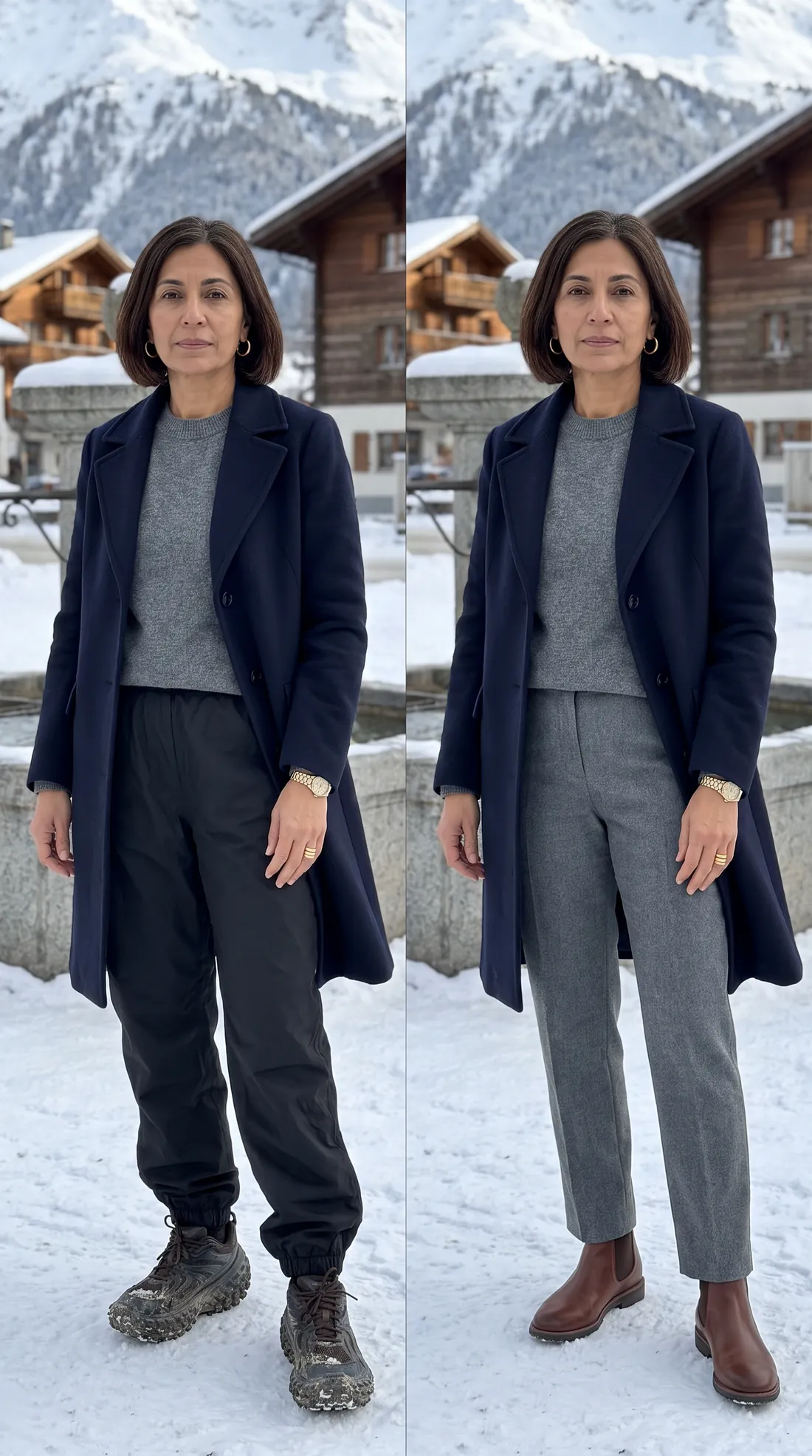 Muddy trail sneakers versus brown leather Chelsea boots with wool trousers: Switzerland winter outfit