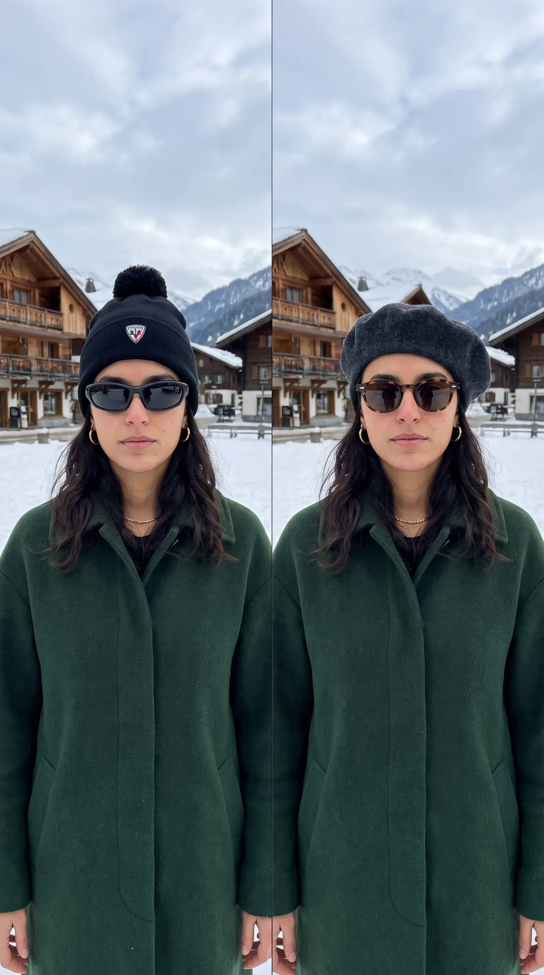 Black ski beanie with sport sunglasses versus a grey wool beret with tortoiseshell sunglasses